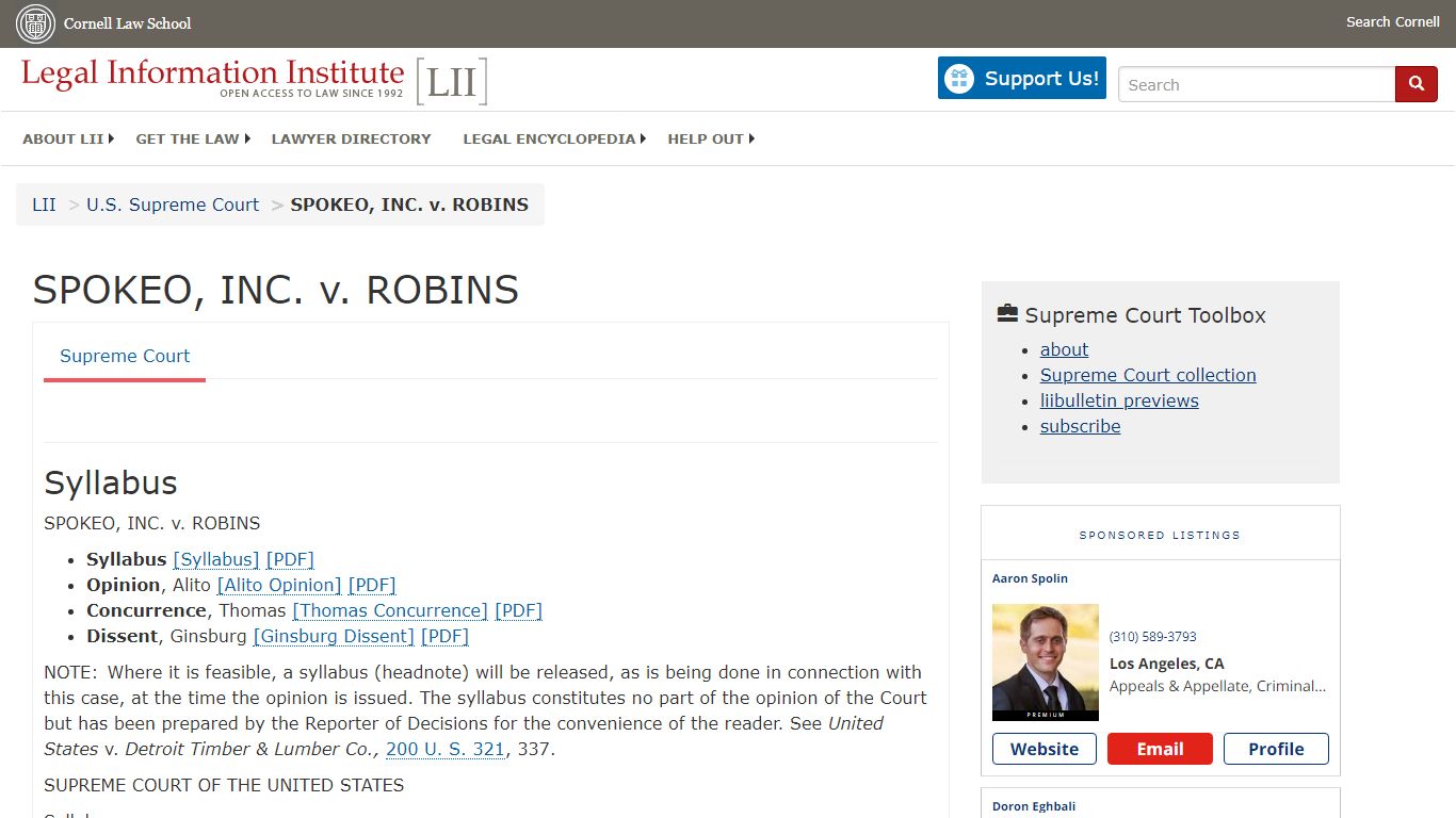 SPOKEO, INC. v. ROBINS | Supreme Court | US Law | LII / Legal ...